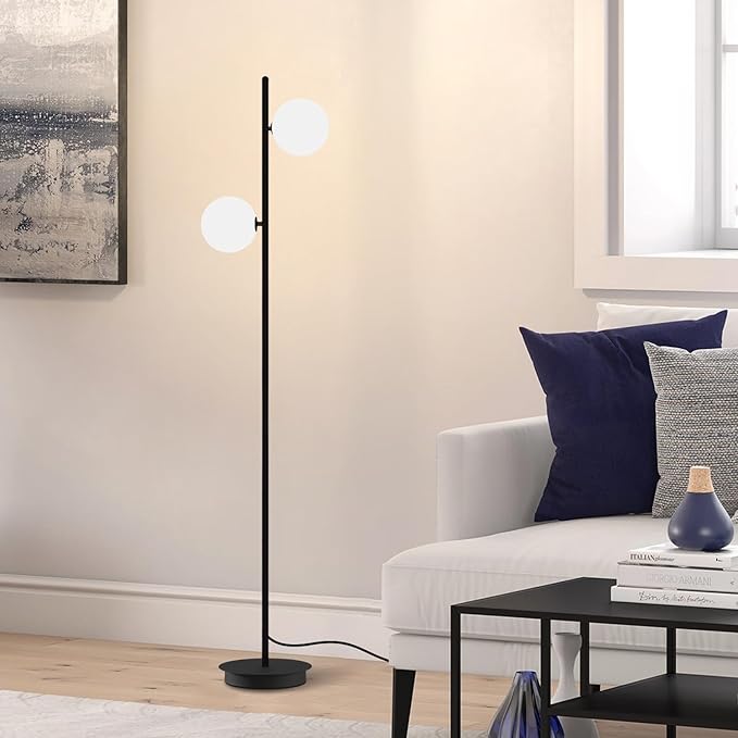 Black Floor Lamp 2-Light Modern White Frosted Glass Freestanding Lamp Mid Century Globe Floor Lamps for Vintage Standing Pole Lamp for Bedroom Living Room Hotel