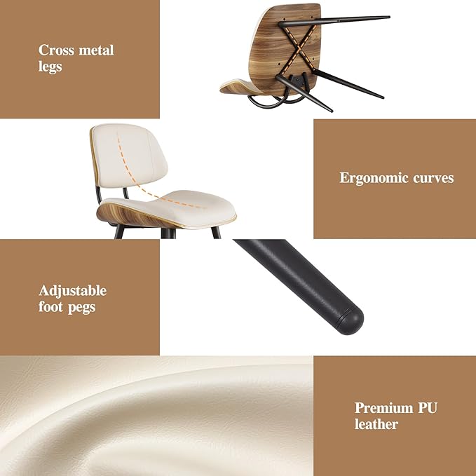 Mid Century Modern Dining Chairs Set of 2, PU Leather Armless Kitchen Chairs with Walnut Bentwood Back & Metal Legs, Sturdy Retro Accent Chairs for Dining Room, Living Room, Beige