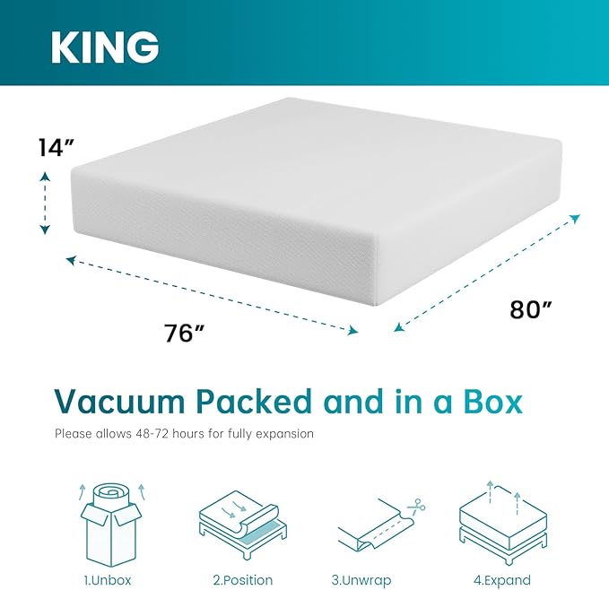 FDW | 14 Inch King Mattress | Medium Firm | Gel Memory Foam Mattress | White | Bed in a Box, CertiPUR-US Certified | Pressure Relief, Cooling Ventilated Foam | Washable Removable Cover