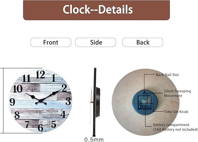 XNM Nautical Wood Clock 20 Inch Round Large Wall Clocks for Living Room Decor Farmhouse Wall Clocks Battery Operated (MDF No Solid Wood)