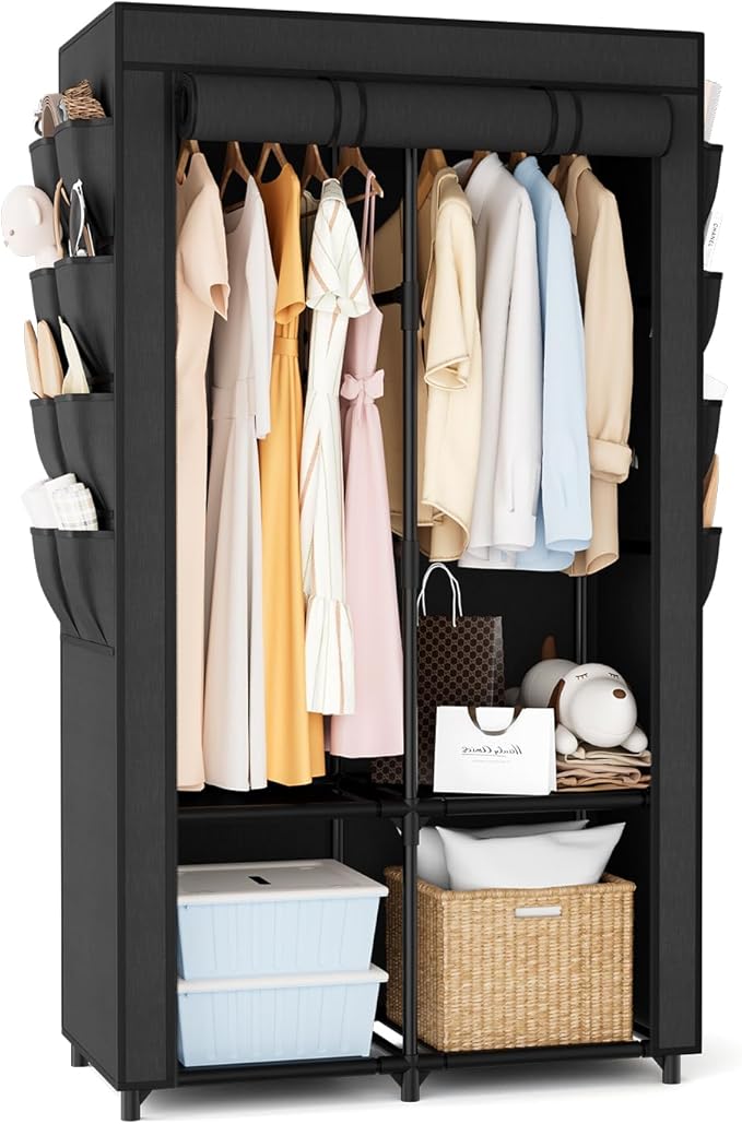 Portable Closet for Hanging Clothes, Portable Wardrobe Closet with Cover, 4 Storage Shelves, 2 Hanging Rods and 8 Side Pockets, Easy Assembly and Sturdy Free Standing Closet for Bedroom, Black