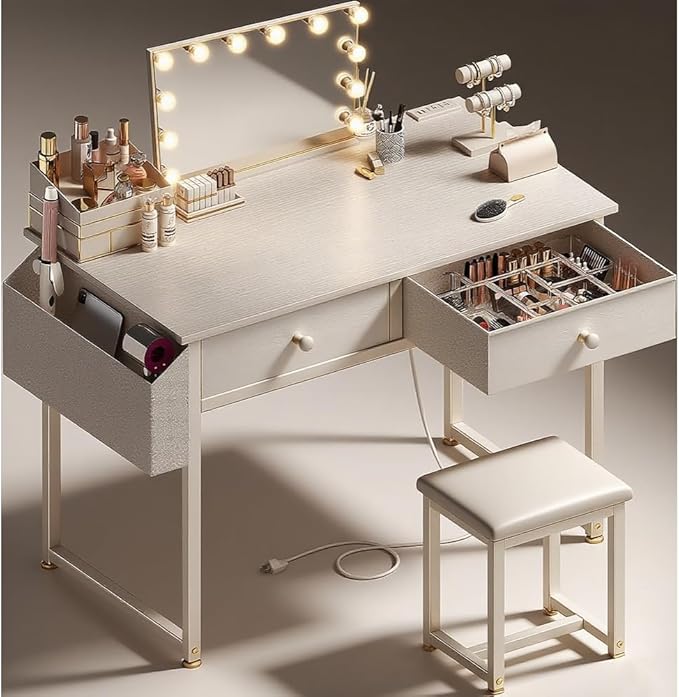 White Makeup Vanity Desk No Mirror with Chair, Small Vanity Table Set with Fabric Drawers, Power Outlet & Chair Without Mirror, Modern Make Up Desk for Girls Bedroom