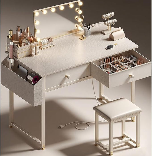 White Makeup Vanity Desk No Mirror with Chair, Small Vanity Table Set with Fabric Drawers, Power Outlet & Chair Without Mirror, Modern Make Up Desk for Girls Bedroom