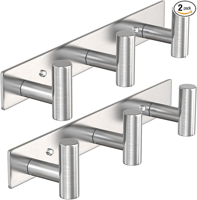 VAEHOLD Silvery Hat and Coat Wall Mount Rack - 3 Hooks for Robes, Bags, Keys, and Towels - Bathroom Towel Hanger Organizer (2 Pack)