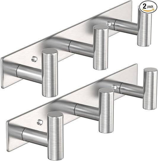 VAEHOLD Silvery Hat and Coat Wall Mount Rack - 3 Hooks for Robes, Bags, Keys, and Towels - Bathroom Towel Hanger Organizer (2 Pack)