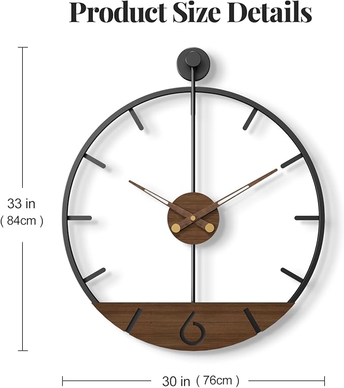 Cuspin Large Wall Clock 30 Inch Modern Farmhouse Wall Clock Battery Operated for Living Room Decor, Walnut Wood Dial with Black Metal Frame, Silent Non Ticking Clocks for Kitchen, Office, Bedroom