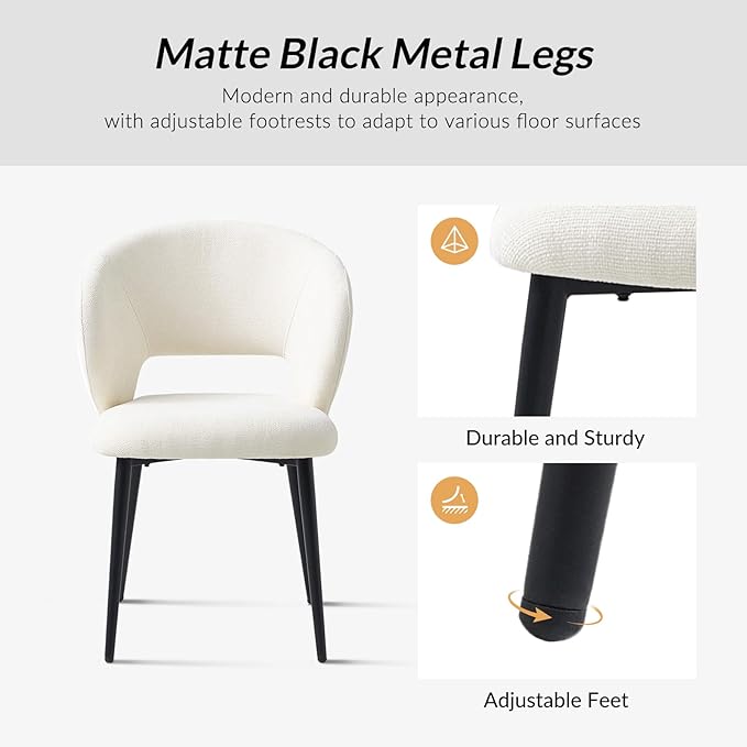 Contemporary Dining Chairs with Armrests – Ergonomic Soft-Padded Seat, Curved Backrest, Matte Black Metal Legs, Comfortable Kitchen & Dining Room Chairs, Set of 4