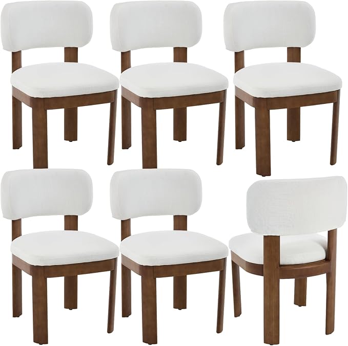 Beige Dining Chairs Set of 6 Mid Century Modern Upholstered Dining Room Chairs with Curved Backrest and Wooden Legs for Kitchen Island, Dining Room