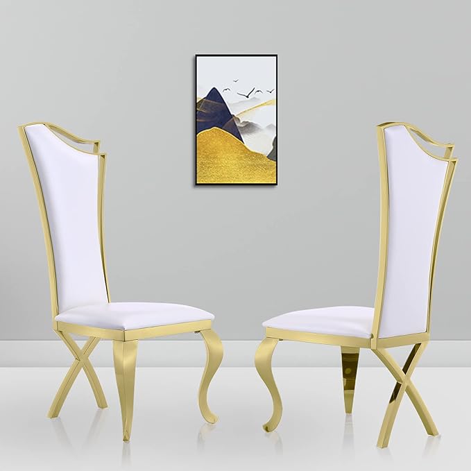 White and Gold Dining Chairs Set of 8, White PU Leather Dining Room Chair with Gold Polished Metal Legs, Glam Upholstered Kitchen Chairs for Dining Room, Kitchen, Living Room