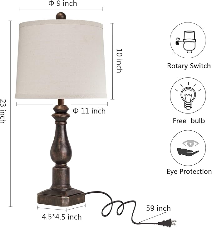 RORIANO 23" Set of 2 Vintage Farmhouse Table Lamp for Living Room Bedroom, Rustic Modern Resin Nightstand Bronze Desk Lamps for Entryway Office, 2 Bulbs Included