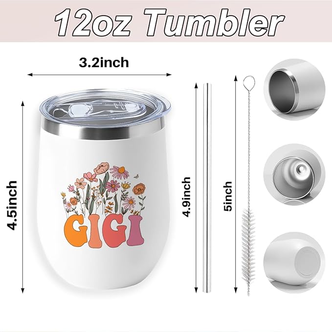 Gigi Grandma Birthday Gifts Wine Tumbler 12 oz Insulated Wine Glass Cup with Lid Straw Vacuum Insulated Travel Cup,Grandma Gifts from Granddaughter for Women Grandmother Christmas Mothers Day
