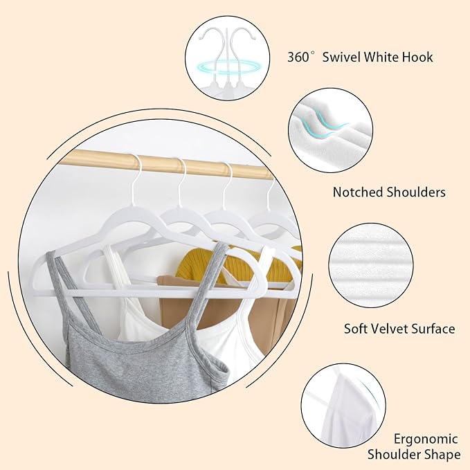 ManGotree White Velvet Coat Hangers with 360° Swivel White Hook, Non-Slip Felt Suit Hangers, Slim Space Saving Clothes Hanger for Jacket, Sweater, Shirt, Dress, Pants (22 Pack)