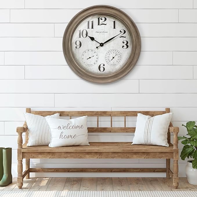 Presentime & Co. 26" Clifton in/Outdoor Farmhouse Clock with Thermometer & Hygrometer as All in One Weather Station, Farmhouse Wall Art and Timepiece for Home Decoration, Light Grey Oak Finish
