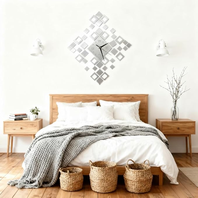 Frameless DIY Wall Clock – Large Modern 3D Mirror Wall Clock with Numbers Stickers, DIY Clock Kit for Home, Living Room, Bedroom, Office Wall Decor (Silver)