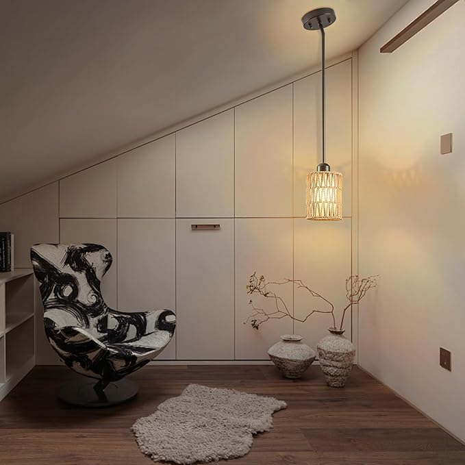 Pendant Lights for Kitchen Island, 3-in-1 Upgrade Larger Rattan Hanging Light Shade with Linen Shade, Adjustable Height Boho Hanging Lamp Fixture for Dining Room, Farmhouse, Bedroom (2 Pack)