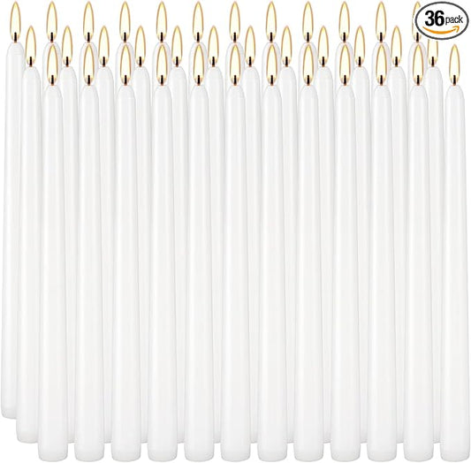 36 Pack White Taper Candles, 7-8 Hours Burn Time, Unscented, Smokeless and Dripless, 0.8 x 10 Inch Dinner Candle Set for Household, Wedding, Party and Home Décor Candlesticks