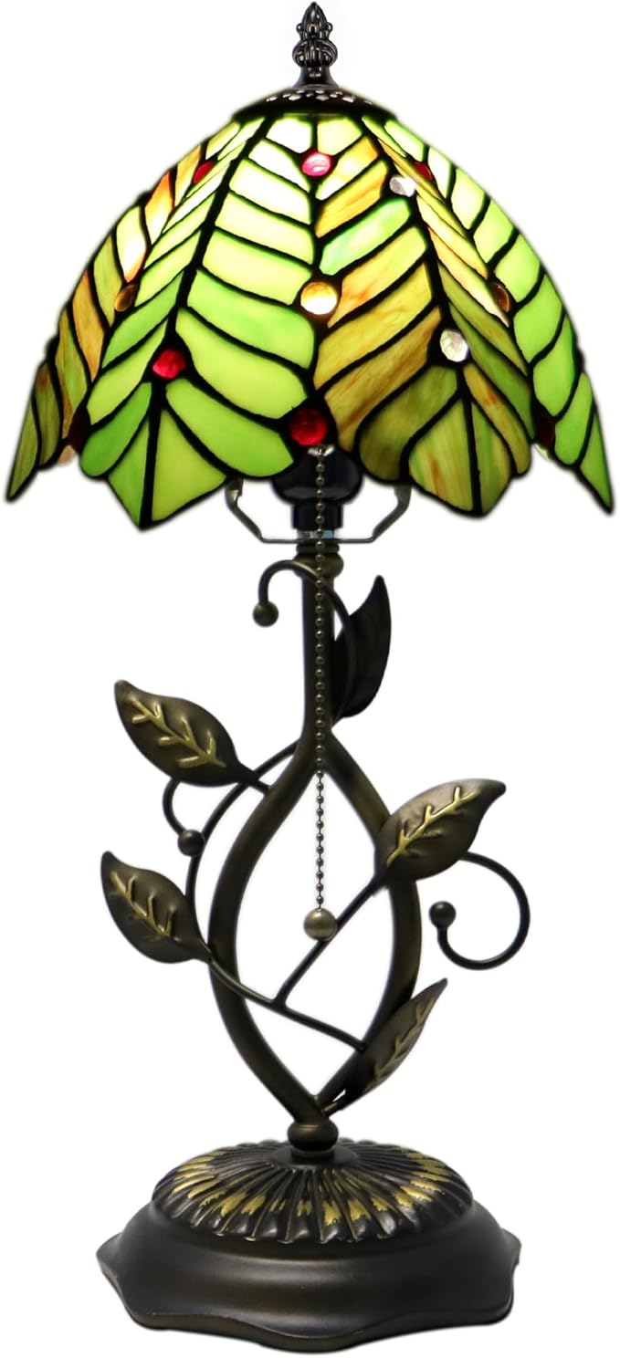 Small Tiffany Lamp Brown Green Coconut Leaves Style Stained Glass Table Lamps Desk Bedside Reading Light 8X8X18 Inches with Bronze Metal Leaf Resin Base