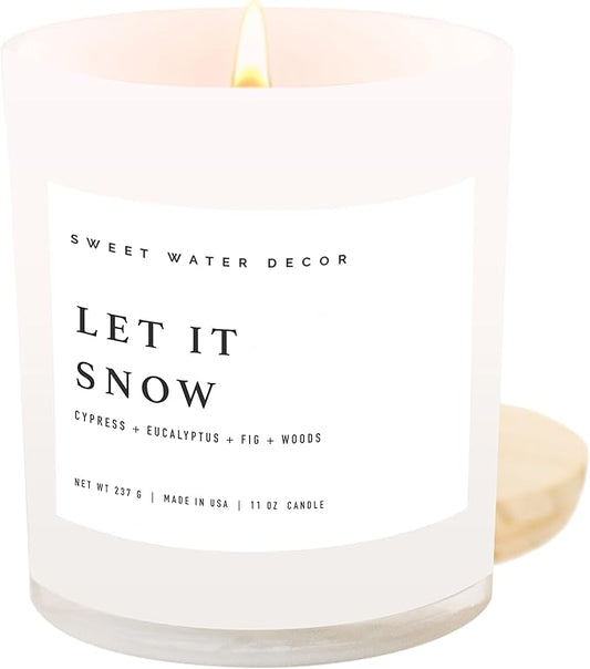 Sweet Water Decor Let it Snow Christmas Scented Candles - Christmas Stocking Stuffers Soy Candles with Cypress Scent - Christmas Candles with 50 Hours Burn Time - 11Oz Wood Lid White Jar Wax Candles