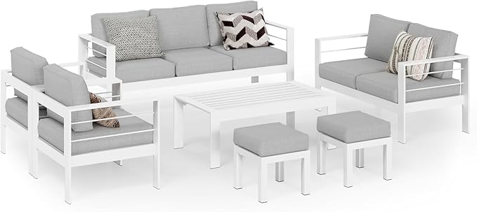 Wisteria Lane Aluminum Outdoor Patio Furniture Set with Footrest, Modern Patio Conversation Sets, Outdoor Sectional Metal Sofa with 5 Inch Cushion and Coffee Table for Balcony, Garden, Light Grey