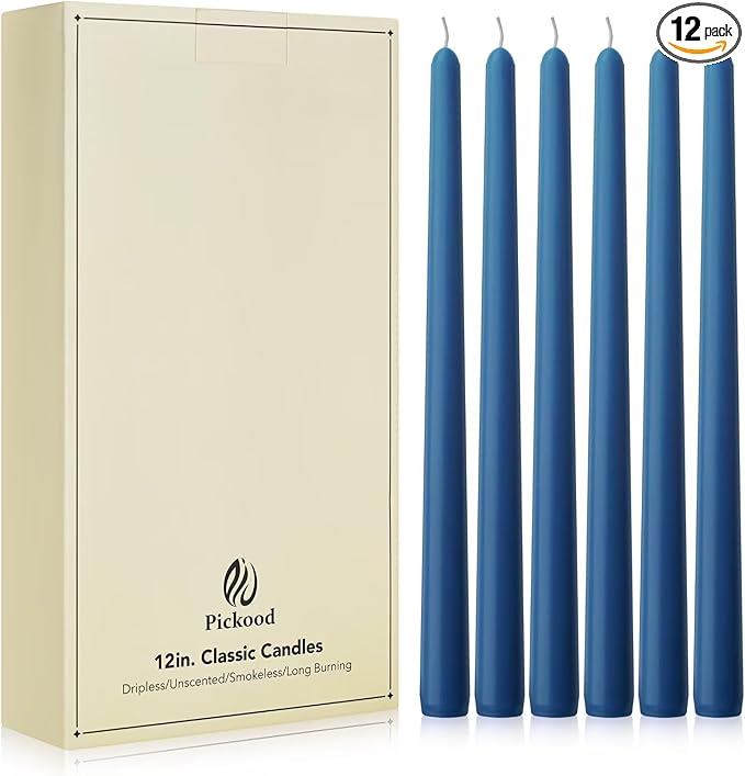 New Burning Formula Unscented Dripless 12-Inch Taper Candles Set of 12 - Dark Blue, for Wedding, Dinner - Smokeless, Long Burning - Hand Poured, Colored Tall Candlesticks - Azul Oscuro