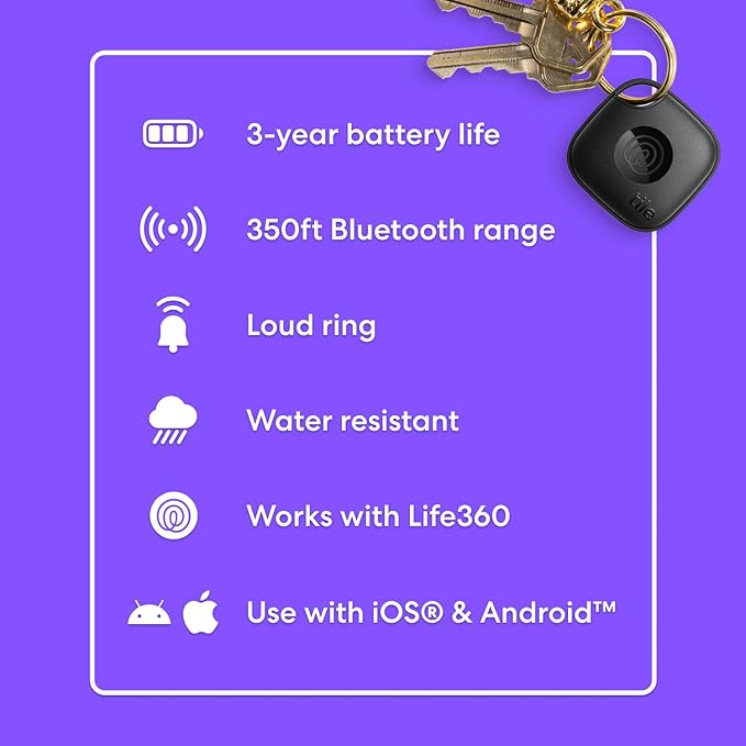 Tile by Life360 Mate - Bluetooth Tracker, Keys Finder and Item Locator for Keys, Bags and More. Phone Finder. Both iOS and Android Compatible. 4-Pack (Black)