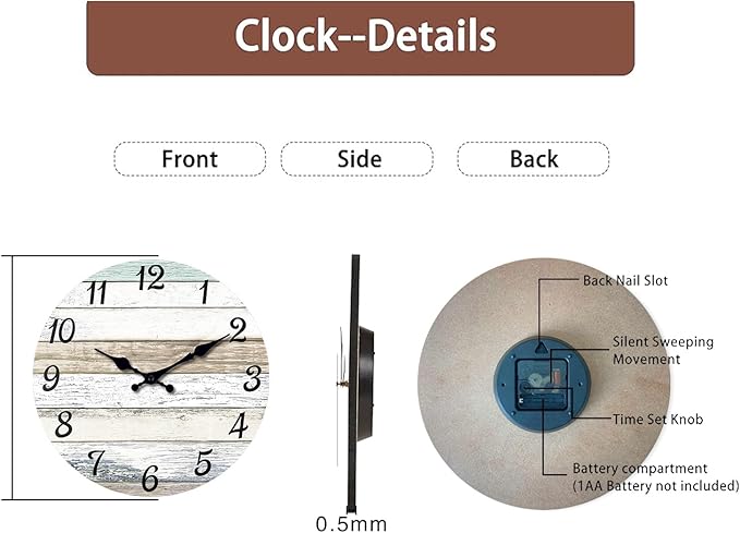 XNM Wood Large Wall Clocks Battery Operated Coastal 20 Inch Clocks for Living Room Farmhouse Rustic Wall Clock Silent (MDF No Solid Wood)