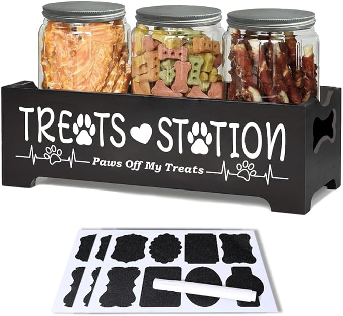 Dog Treat Container,Airtight Dog Food Storage Container with 3 Jars, Farmhouse Wood Dog Treat Jars, Pet Food Storage Containers for Dog, Cat or Small Animals(Black)