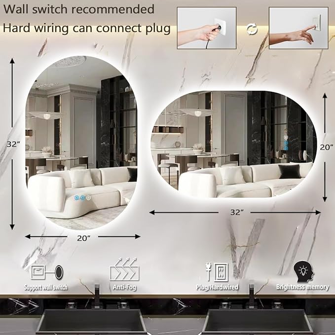 THEKLA 24 x 32 Inch Backlit Oval Lighted Vanity Mirror with Lights Smart Memory 3 Color Dimmable AntiFog 32" Frameless LED Oval Backlit Mirror for Bathroom Makeup Table Wall Vertical/Horizontal Mount