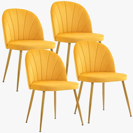 Velvet Dining Chairs Set of 4, Upholstered Mid Century Modern Dining Chairs, Armless Accent Chair with Metal Gold Legs for Living Room, Kitchen, Dining Room, Yellow