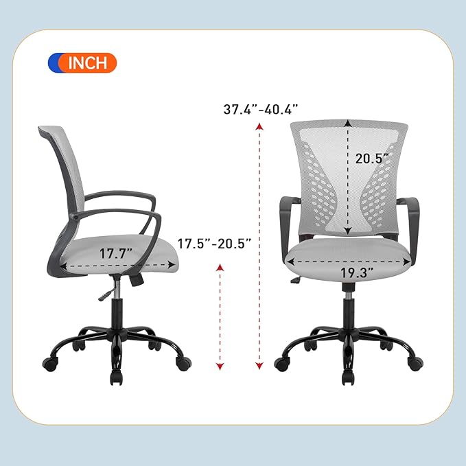 Office Chair Ergonomic Desk Chair Mesh Computer Chair with Lumbar Support Armrest Mid Back Rolling Swivel Task Adjustable Chair for Women Adults, Grey