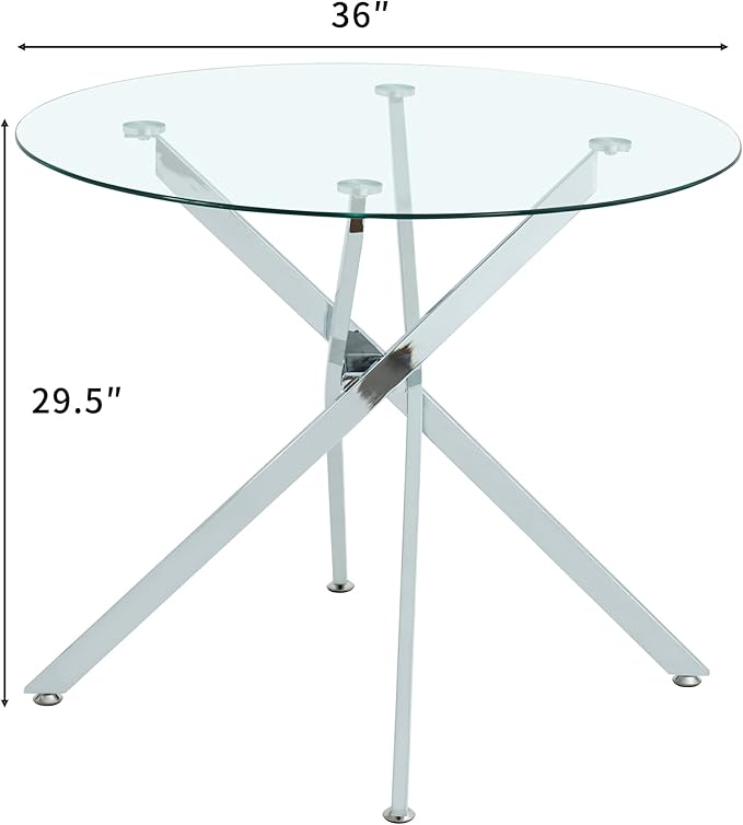 36" Round Glass Dining Table Modern Kitchen Glass Top Table for 4 with Silver Chrome Metal Legs, Clear Dining Table Kitchen Table for Home Office Dining Room