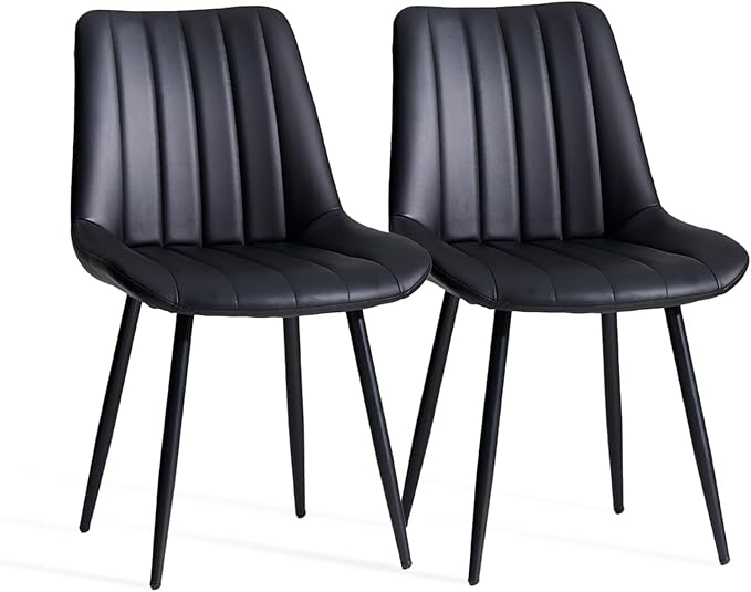 Dining Chairs Set of 2, Faux Leather Modern Linear Design Dining Chair with Metal Legs, 16.9" Seat Width Chair for Kitchen, Lounge, Reception Room, Restaurant, Commercial (Black)
