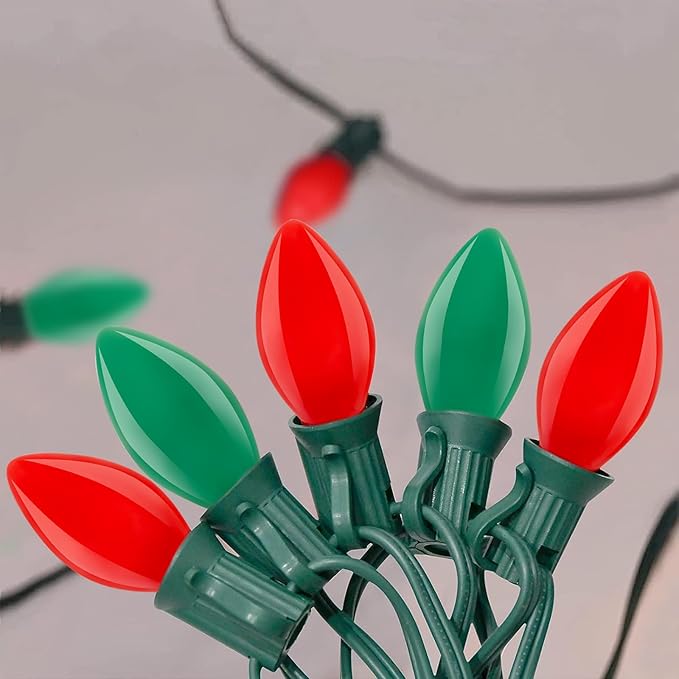 25ft Christmas Lights Outdoor, C7 Vintage Christmas String Lights with 27 Red Green Ceramic Bulbs(2 Spare), Hanging Patio String Lights for Holidays Christmas Party Wedding Decorations, Green Wire