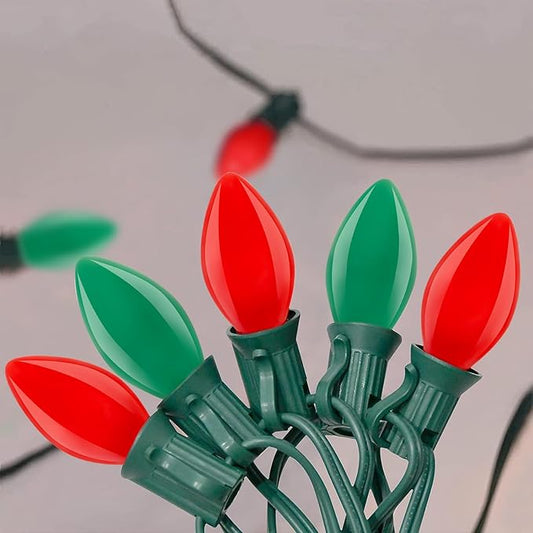 25ft Christmas Lights Outdoor, C7 Vintage Christmas String Lights with 27 Red Green Ceramic Bulbs(2 Spare), Hanging Patio String Lights for Holidays Christmas Party Wedding Decorations, Green Wire