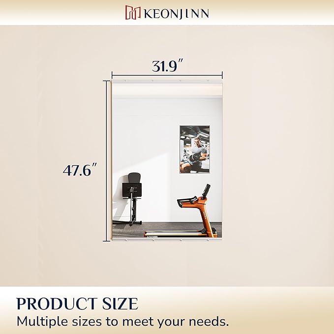 Keonjinn Home Gym Mirror, 48" x 32" Workout Mirrors for Home Gym, Frameless Tempered Glass, Full Body Wall Mirrors for Fitness Exercise, Yoga Room, Dance Studio, Garage