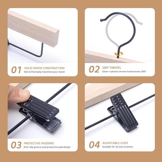 Nature Smile Deluxe Wooden Pants Hangers,Solid Rubber Wood Jeans Skirt Hanger Without Painting,with Adjustable Black Clips and Rotatable Hook,Pack of 10(Natural unvarnished)