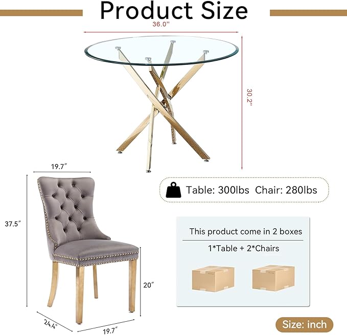Goujxcy 3 Piece Round Glass Dining Table Set for 2, 36" Round Dining Table & Chair Set Modern Circle Glass Kitchen Table and 2 Velvet Upholstered Chairs for Kitchen Dining (Gold Table & Grey Chair)