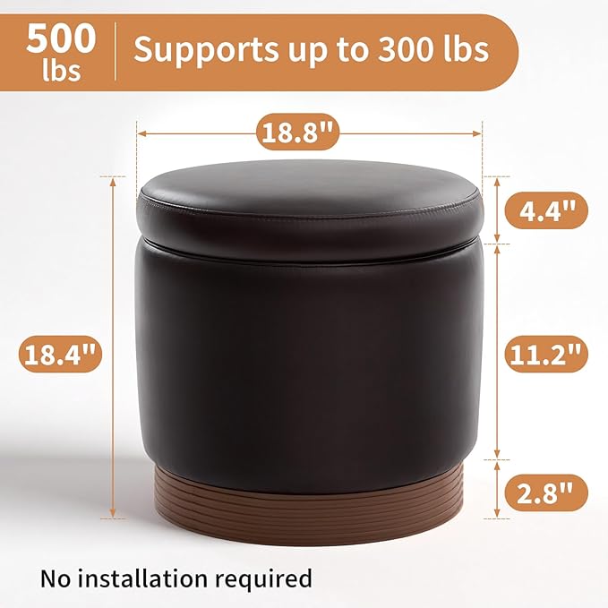 Round Ottoman with Storage,Swivel Vanity Stool-Leather Foot Rest,Upholstered Footstool Pouf with Sturdy Wooden Frame(500 Lb),Small Coffee Table & Hidden Storage Ottoman for Living Room