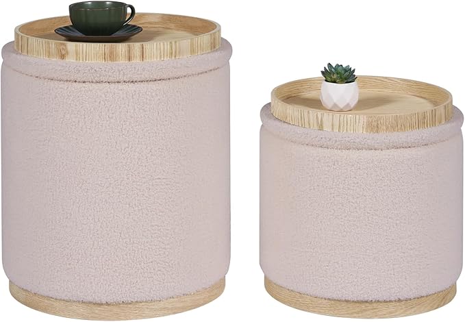 PINPLUS Round Ottoman with Storage Set of 2, Vanity Stool with Storage, Small Ottoman with Tray Teddy Velvet Foot Rest Stool Ottoman for Bedroom, Living Room, Dorm (Beige)