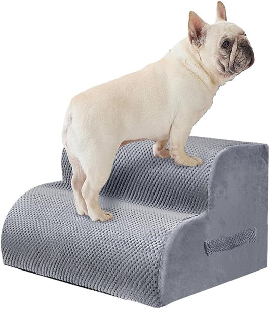 PAWSCART Dog Stairs for Small Pets, 11.8" H with 30D Material Soft Foam, Portable Ramp Non-Slip Surface Non-Slip for Couch and High Bed Climbing, 2-Step Stairs for Cat or Dog, LightGrey