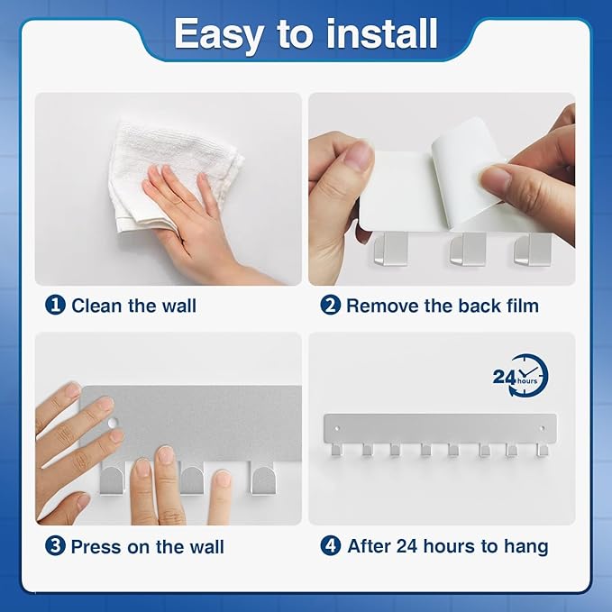 pickpiff Sliver Key Holder for Wall Adhesive, Key Hooks with 8 Hooks, No Drill for Living Room, Kitchen, Office