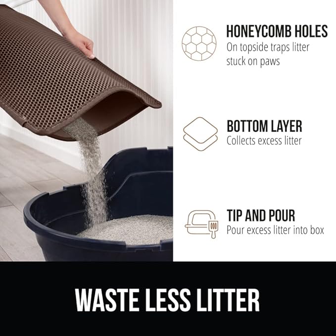 GORILLA GRIP Honeycomb Cat Litter Box Mat, 35x24 Two Layer Trapping Waste Mats, Soft On Paws, Litter Box Supplies and Essentials for Indoor Cats, Traps Excess, Water Resistant for Floors, Brown