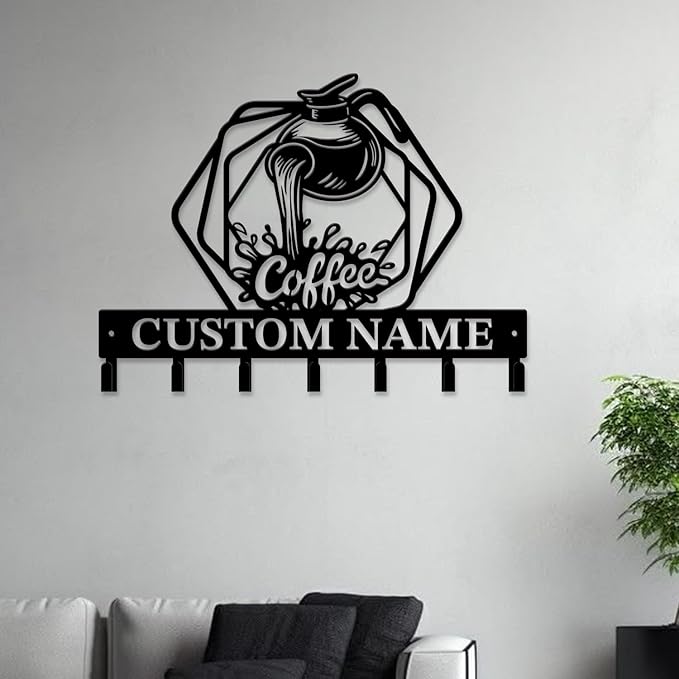 Coffee Bar Keys Holder - Metal Iron Wall Hooks with Custom Name | Personalized Home Decor & Gift Idea | Coffee-Themed Text Engraving Design (Style F)