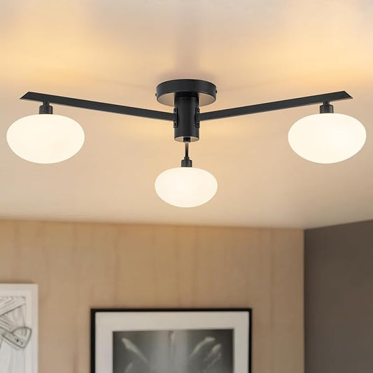 Semi Flush Mount Ceiling Light Fixture, Mid Century Modern 3-Light 22.5" Lighting Fixtures Ceiling, Matte Black Ceiling Lights for Bedroom, Entryway, Hallway, Bathroom, Kitchen, Dining Room