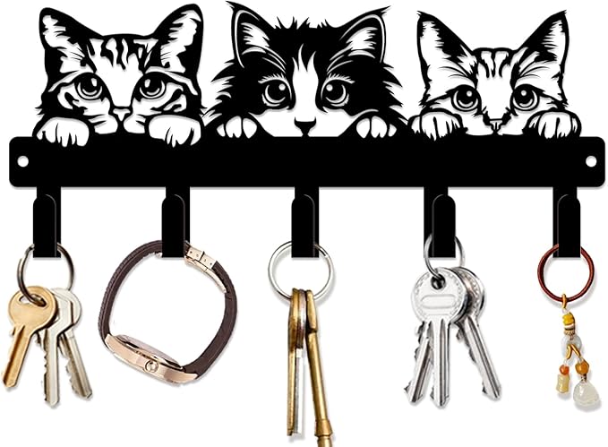 magilab Cat-Themed 10-Inch Iron Key Hooks with 5 Hooks, Black Wall Organizer - Cute Cat Design for Home Decor, No Drill & Screw-in Options (Style A)