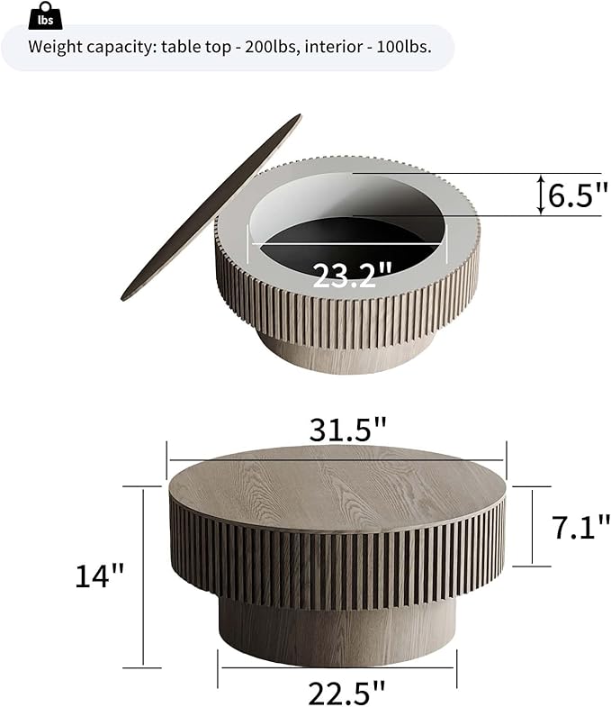 31.5'' Small Round Coffee Table with Storage, Fluted Coffee Table with Solid Wood Veneered, Mid Century Modern Wooden Center Table, Accent Tea Table for Small Space Living Room Apartment, Grey