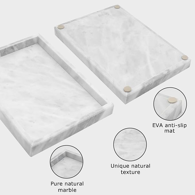Marble Bathroom Tray,Pure Natural Marble Vanity Tray,Marble Tray for Kitchen Counter Non-Ceramic/Non-Resin,Stone Tray 12 x 8 inch (White)