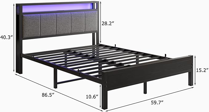 Queen Bed Frame with Headboard Storage,Upholstered Platform Bed Frame Queen Size with Charging Station and LED Lights No Box Spring Needed,Heavy Duty Steel Slats,Noise Free,Dark Grey
