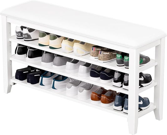 Shoe Rack Bench Entryway Storage with Leather Cushion, Shoe Organizer Bench for Entryway, Ideal for Front Doors Entrances Hallway Mudroom Featuring Rubberwood And 3 Height-Adjustable Removable Shelve