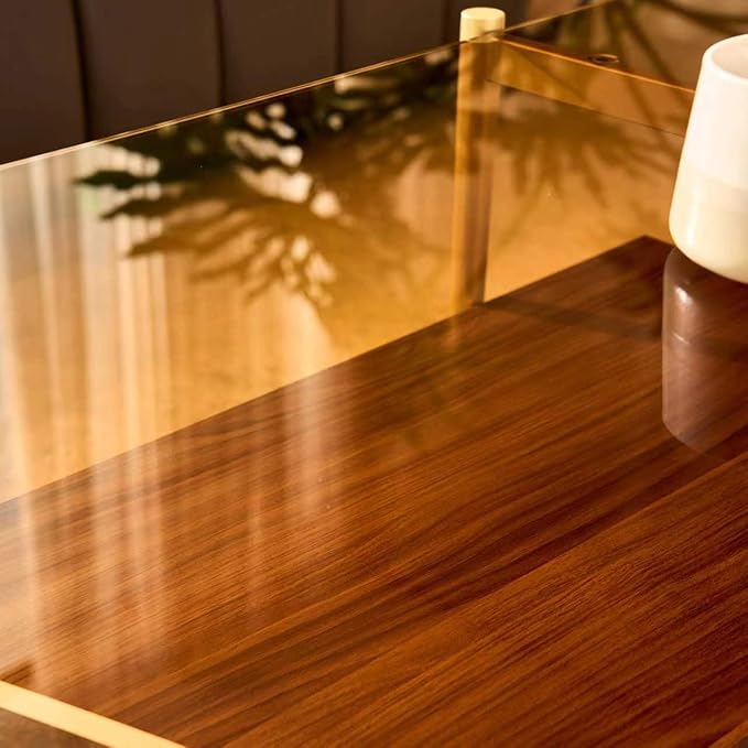 Shrine Rectangle Coffee Table, Mid-Century Modern Design, 2-Tier Structure, Amber Glass Top and Walnut MDF Shelf, 41" D x 21" W x 17" H, Sleek Conical Metal Legs with Gold Finish